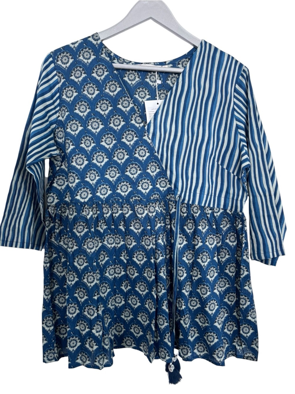 Blue Patterned Mixed-Print Women’s Pull Over Top with Drawstring Waist